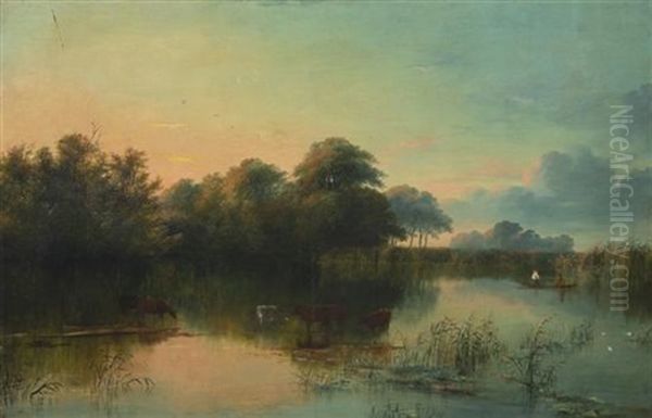 Cow Bath Oil Painting by Edwin Henry Boddington