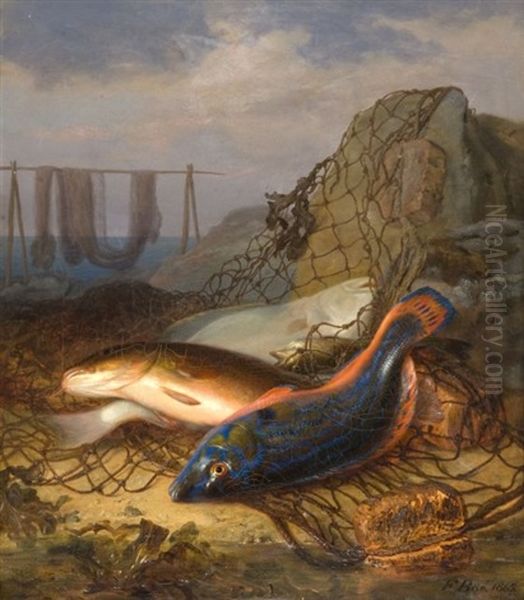 Deux Saumons Dans Un Filet Oil Painting by Frants Diderik Boe