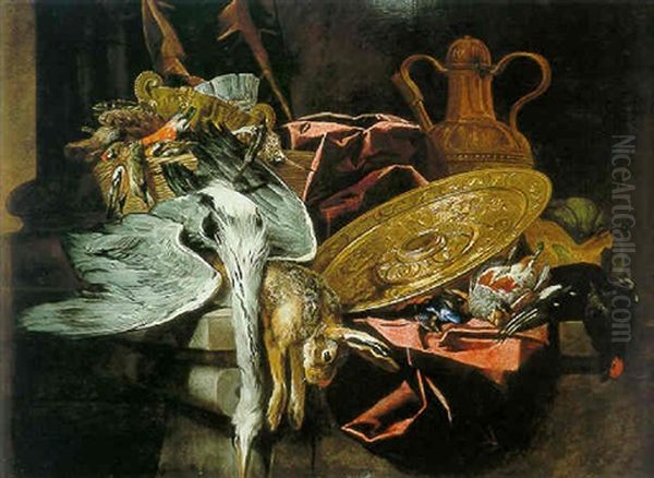 Still Life Of A Gamebirds And A Rabbit With An Embossed Platter All Resting On A Table Oil Painting by Pieter Boel