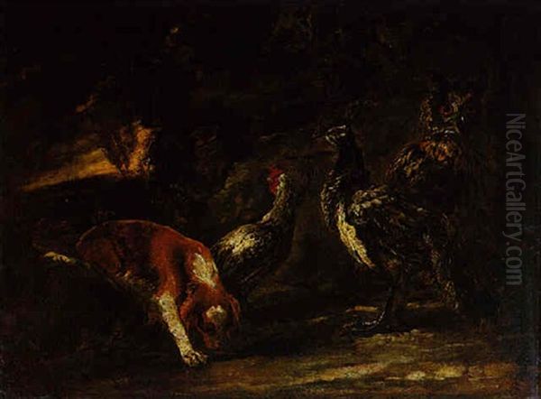 Ein Uhu, Ein Pfau, Ein Huhn Und Ein Jagdhund In Einer       Abendlichen Landschaft Oil Painting by Pieter Boel