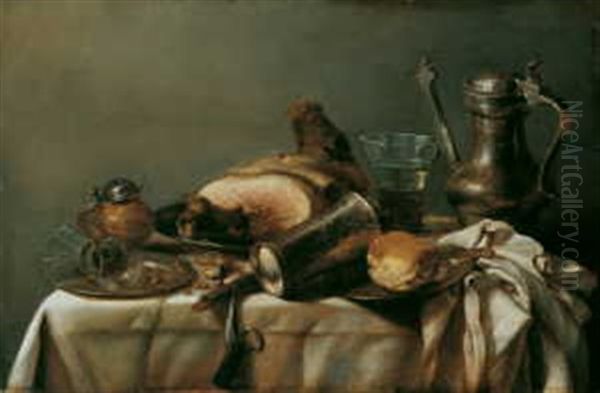 Banketje Mit Verschiedenen Gefassen, Einem Zerbrochenen Glas Und Fleischstucken Oil Painting by Maerten Boelema De Stomme