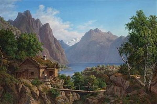 View Of An Alpine Landscape Oil Painting by August Wilhelm Boesen