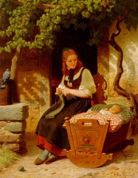Vid Vaggan Oil Painting by Christian Eduard Boettcher