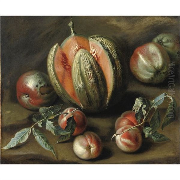 Natura Morta Con Melone, Pomodori, Pesche E Una Mela Oil Painting by Jakob Bogdani