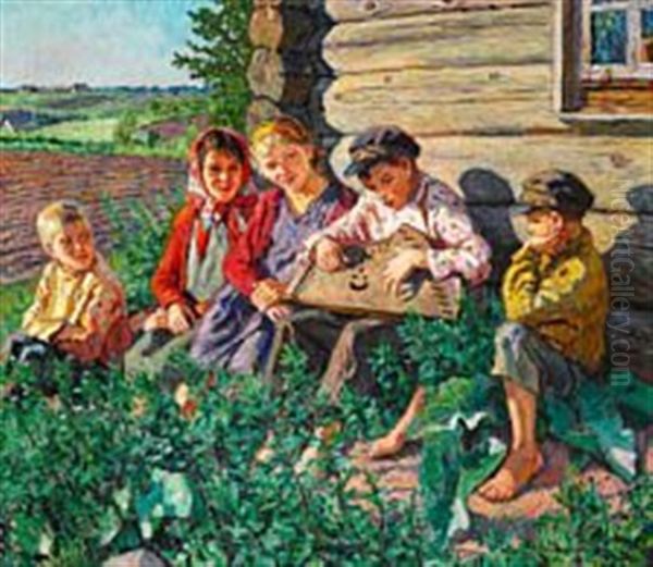 Summer Day In Russia With A Boy Playing Citar For The Girls Oil Painting by Nikolai Petrovich Bogdanov-Bel'sky