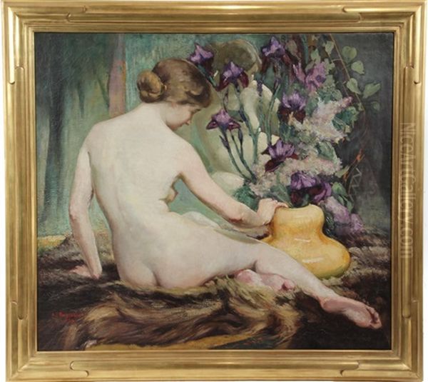 Nude With Irises Oil Painting by Abraham Jacob Bogdanove