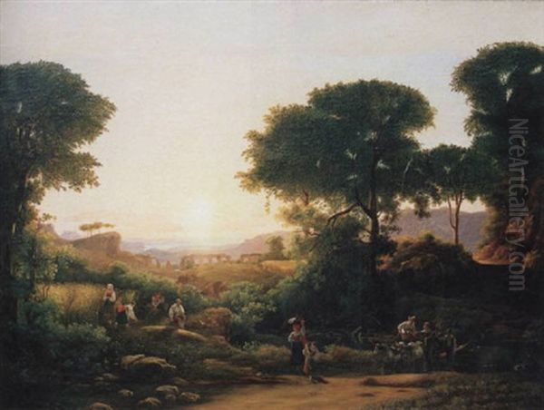 Italienische Landschaft Mit Heimkehrenden Bauern Und Aquedukt Im Mittelgrund Oil Painting by Nicolas Didier Boguet