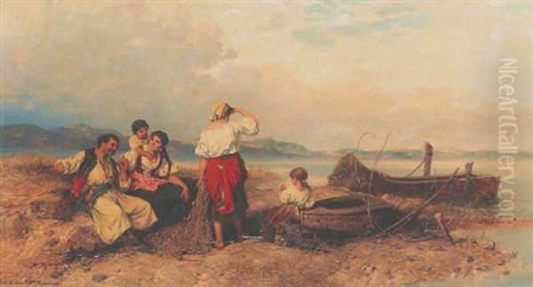 Fischerfamilie Am Ufer Oil Painting by Paul Boehm