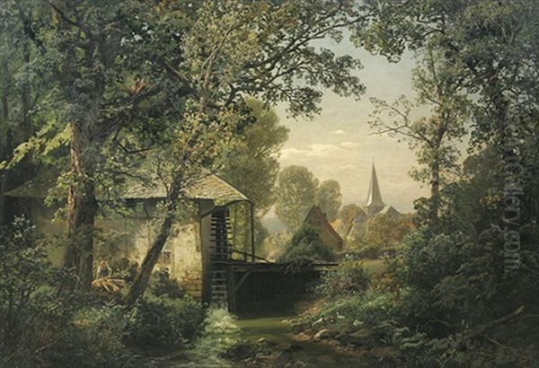 Kleines Dorfchen Mit Muhle An Einem Bachlauf Oil Painting by Heinrich Boehmer