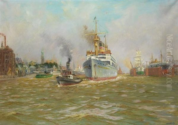 Der Dampfer "adolph Woermann" Verlasst Den Hamburger Hafen Oil Painting by Hans Bohrdt