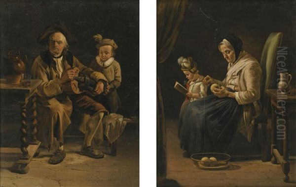 The Hurdy Gurdy Player The Spinner Woman Oil Painting by Jean-Jacques De Boissieu