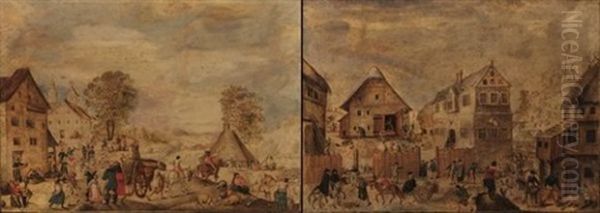 Village (+ Another; Pair) Oil Painting by Hans Bol