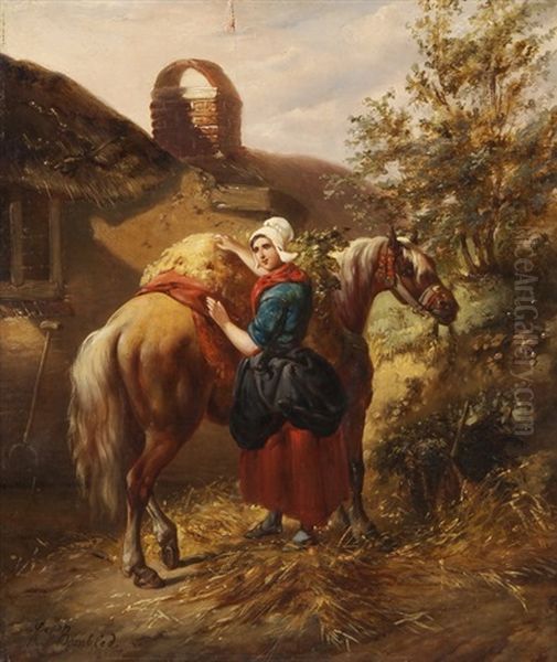 Hollandische Bauerin Beim Beladen Ihres Pferdes Oil Painting by Karel Frederik Bombled