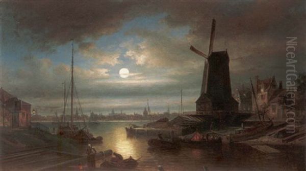 Nederlandse Stad Bij Maanlicht Oil Painting by Elias Pieter van Bommel