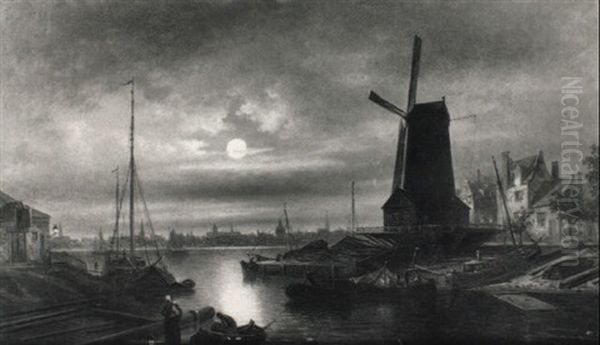 Hollandische Stadt Im Mondenschein Oil Painting by Elias Pieter van Bommel