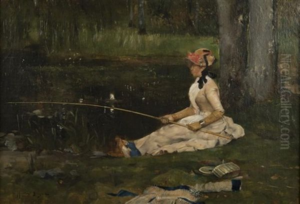 Lady Fishing Oil Painting by Maurice Bompard