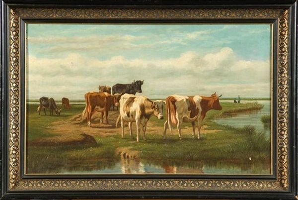 Vaches Au Bord De L'eau En Hollande Oil Painting by Auguste (Francois Auguste) Bonheur