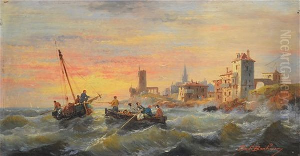 L'arrivee Des Barques Sur Une Mer Houleuse Oil Painting by Ferdinand Bonheur
