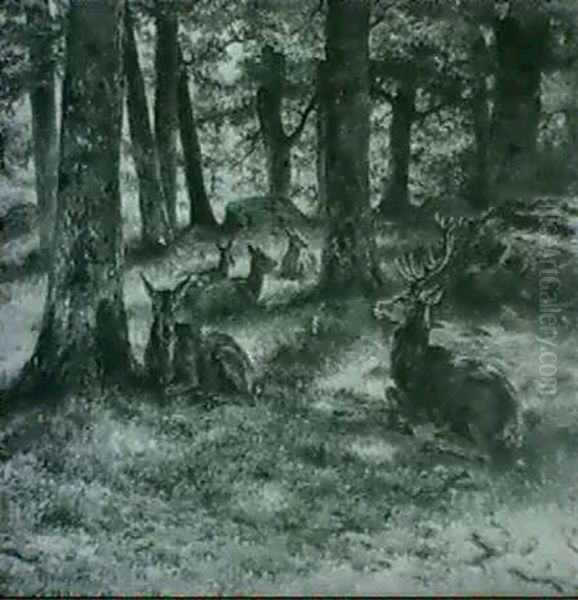 Cerfs Et Biches En Foret De Fontainebleau Oil Painting by Rosa Bonheur