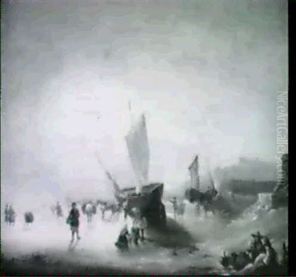 A French Coastal Town With Boats Unloading On The Beach Oil Painting by Richard Parkes Bonington