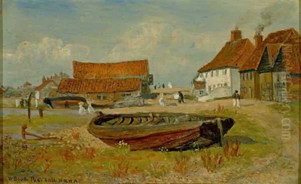 The Three Fischermen Inn Sloughton Suffolk. Sonnige Landschaft Mit Personenstaffage Und Blick Auf Alte Gehofte Oil Painting by James William Booth