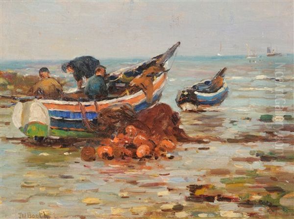 Whitby Cobbles And Figures On A Beach At Low Tide, Runswick Oil Painting by James William Booth