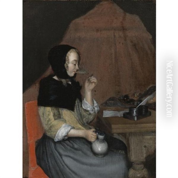 A Young Woman Drinking Oil Painting by Gerard ter Borch the Younger