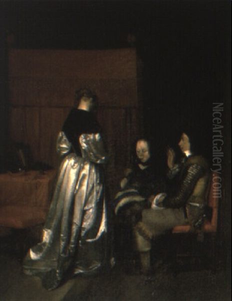 An Elegant Lady With A Seated Couple In A Bedchamber Oil Painting by Gerard ter Borch the Younger