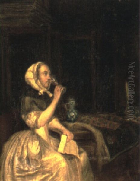 A Lady Drinking At A Table Oil Painting by Gerard Ter Borch