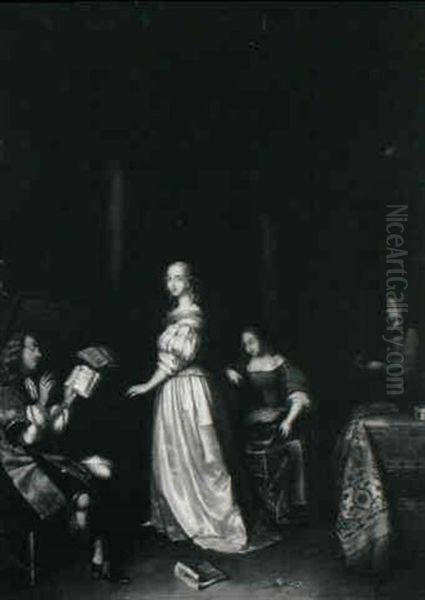 A Lady Playing A Virginal With A Man Singing In An Interior Oil Painting by Gerard Ter Borch