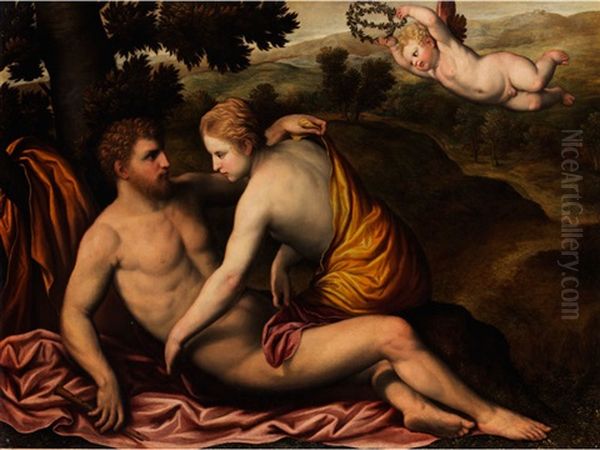 Liebespaar Mit Landschaft (daphnis Und Chloe Mit Cupido) Oil Painting by Paris Bordone