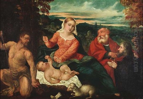 Heilige Familie Mit Johannes Dem Taufer Und Einem Anbetenden Stifter Oil Painting by Paris Bordone