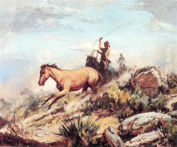 Navajo And Wild Horses Oil Painting by Carl Oscar Borg