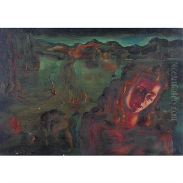 Woman In Surrealist Landscape Oil Painting by Ivan Borisoff