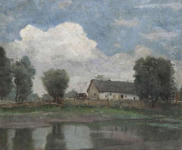 Hongaars Landschap Met Boerderij Aanhet Water Oil Painting by Janos Laszlo Aldor