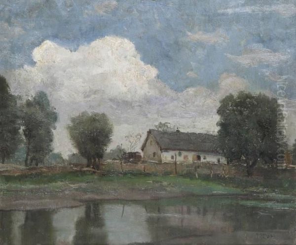 Hongaars Landschap Met Boerderij Aan Het Water Oil Painting by Janos Laszlo Aldor