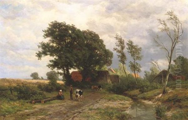 Farmers On A Path Near A Village Oil Painting by Jan Willem Van Borselen