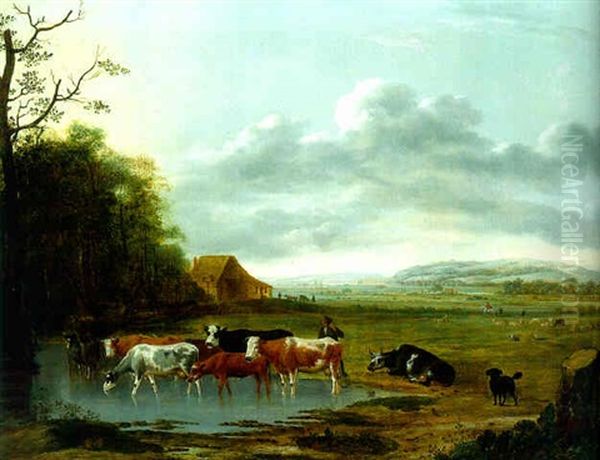 An Extensive Landscape With A Herdsman And Cattle Watering In The Foreground Oil Painting by Anthonie Van Borssom