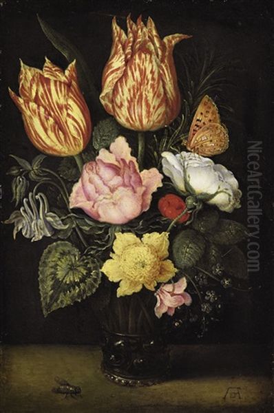 Still Life Of Tulips, Wild Roses, Cyclamen, Yellow Ranunculus, Forget-me-not And Other Flowers, In A Glass Beaker Oil Painting by Ambrosius Bosschaert the Elder