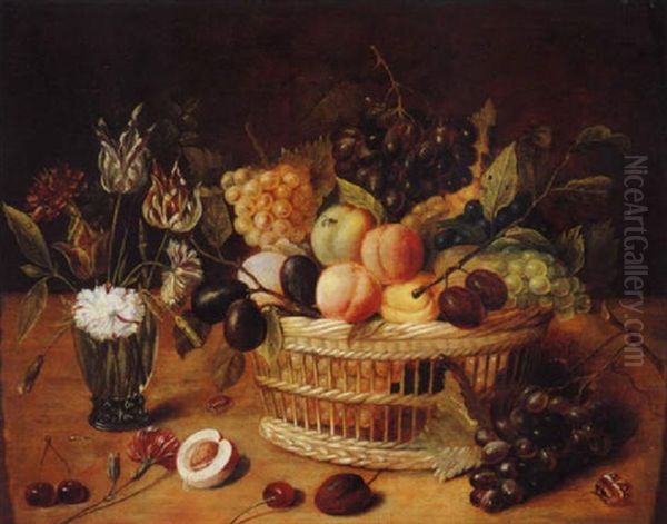 A Still Life Of A Basket Of Fruit With Flowers In A Vase Oil Painting by Ambrosius Bosschaert the Younger