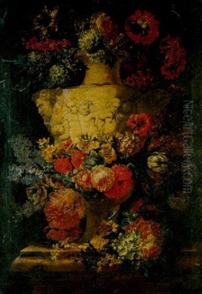 Blumenstilleben. Um Eine Reliefierte Steinvase Eine Uppige Blumenguirlande Oil Painting by Jan-Baptiste Bosschaert
