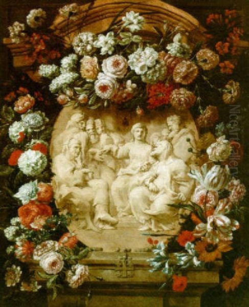 A Flower Garland Surrounding A Stone Cartouche Representing Christ And The Scribes Oil Painting by Jan-Baptiste Bosschaert