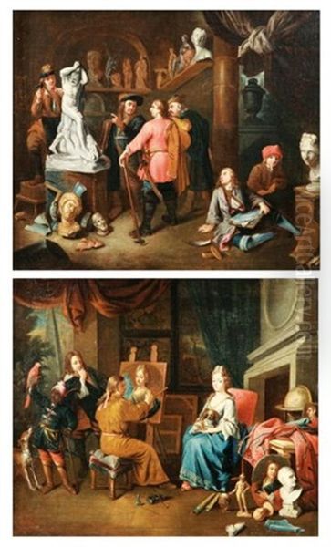 L'atelier Du Sculpteur (+ L'atelier Du Peintre; Pair) Oil Painting by Balthasar Van Den Bossche