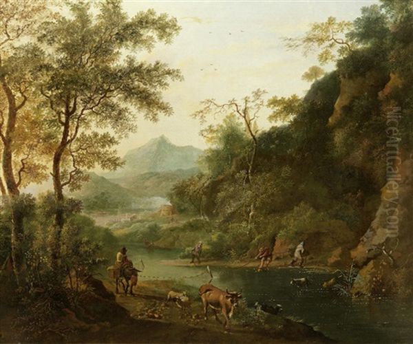 A Wooded Landscape With Travellers On A Country Path; And A Wooded River Landscape With Fisherman And Their Nets On The Bank (2 Works) Oil Painting by Jan Dirksz. Both