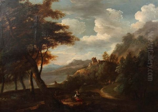 Bergige Landschaft Mit Einer Ruine Uber Dem Fluss Oil Painting by Jan Dirksz. Both