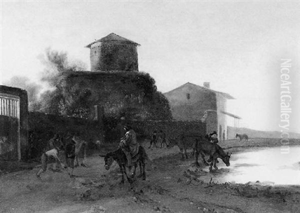 Paysage De La Campagne Romaine Avec Un Troupeau S'abreuvant A Une Mare Oil Painting by Jan Both