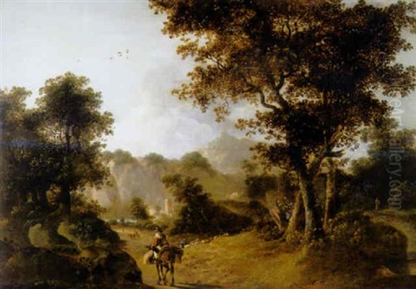 A Muleteer On A Track In An Italianate Landscape Oil Painting by Jan Dirksz. Both