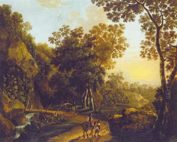 A Wooded Landscape With Travellers On A Track Oil Painting by Jan Dirksz. Both