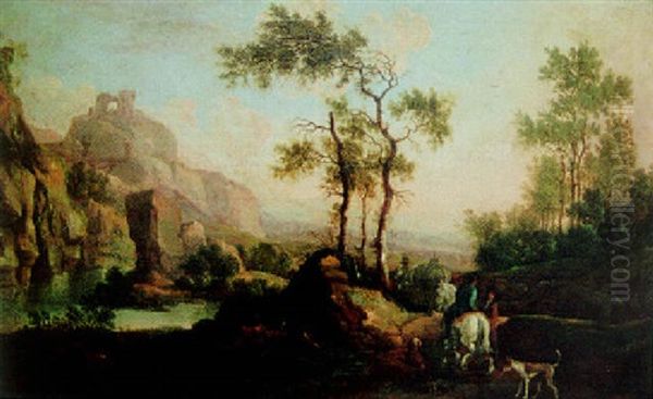 Italienskt Bergslandskap Med Resande Sallskab Oil Painting by Jan Dirksz. Both