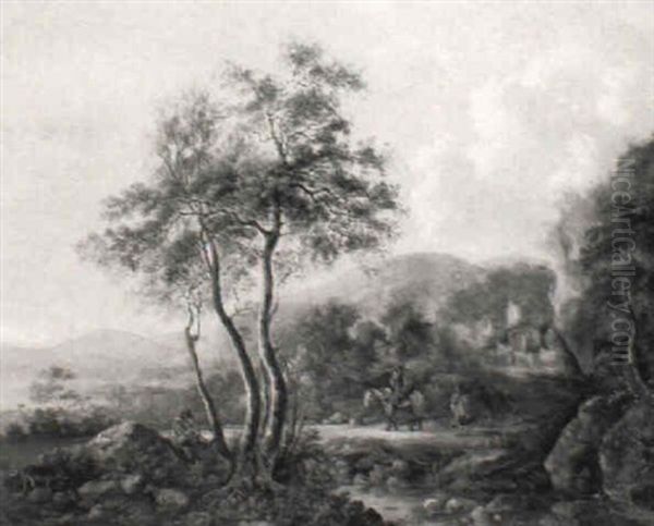 A Rocky Woodland Path With A Rider And Two Companions With A Dog Oil Painting by Jan Dirksz. Both